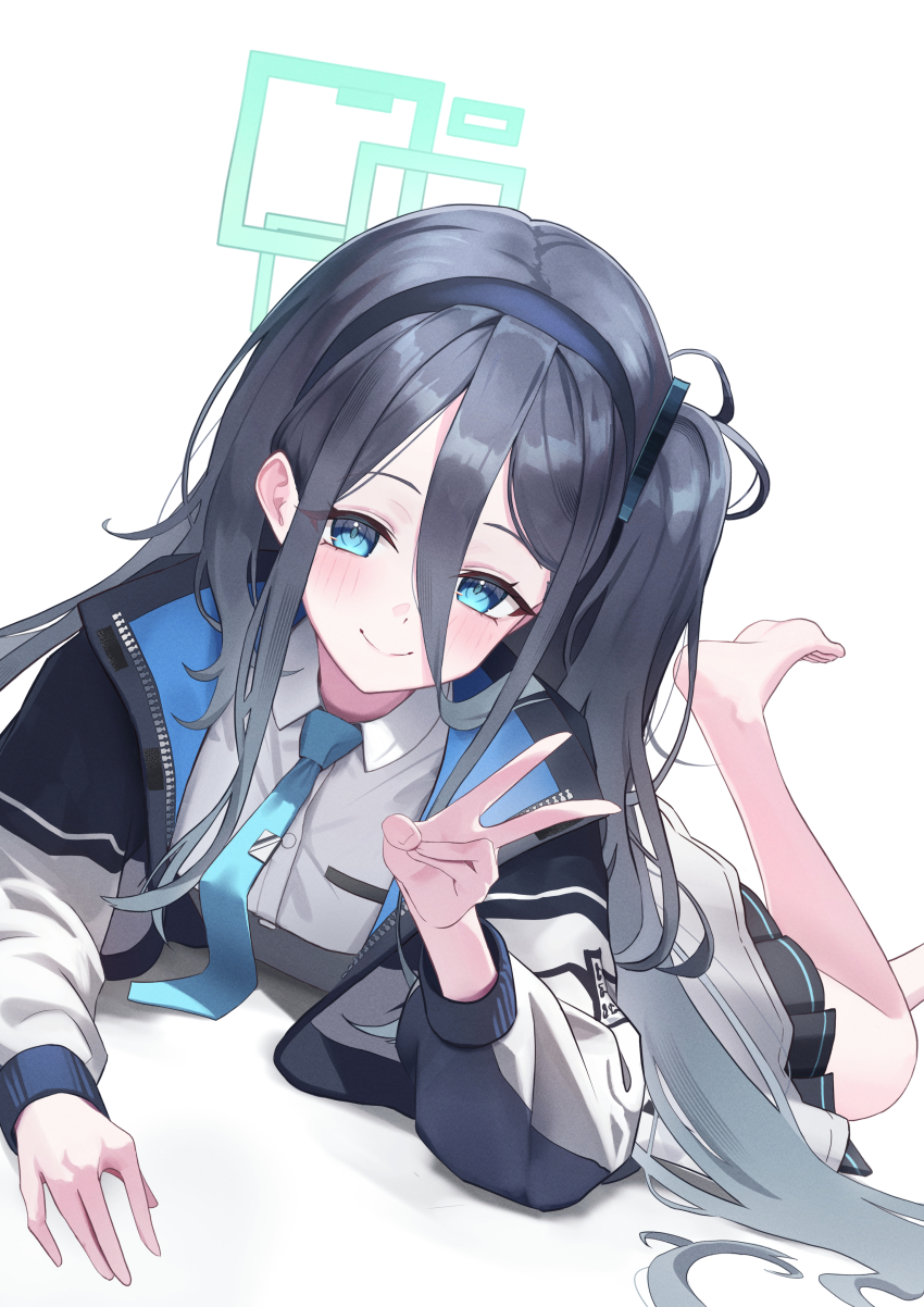 1girl, absurdres, aqua_halo, aris_(blue_archive), barefoot, black_hair, black_hairband, black_skirt
