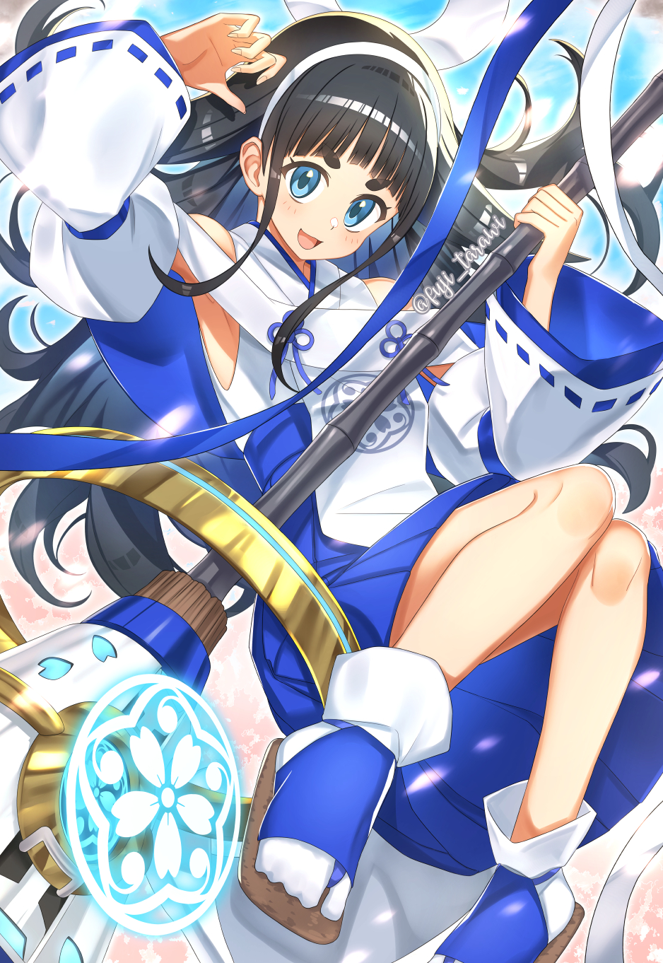 1girl, armpits, black_hair, blue_eyes, blue_kimono, blunt_bangs, broom, detached_sleeves