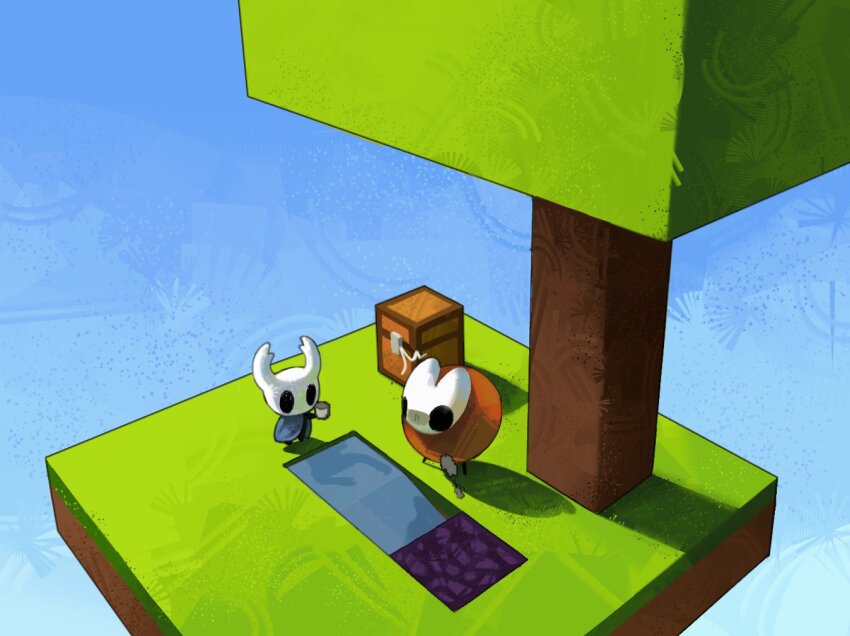 1girl, 1other, ^^^, alicezakat, black_eyes, block_(minecraft), blue_cloak, blue_sky