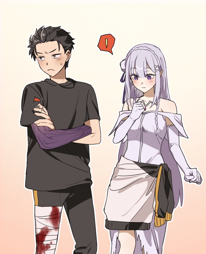 !, 1boy, 1girl, bandaged_leg, bandages, bare_shoulders, black_hair, black_pants