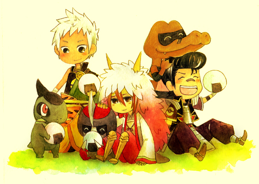 armor, axew, black_eyes, black_hair, blush, brown_eyes, brown_hair, closed_eyes