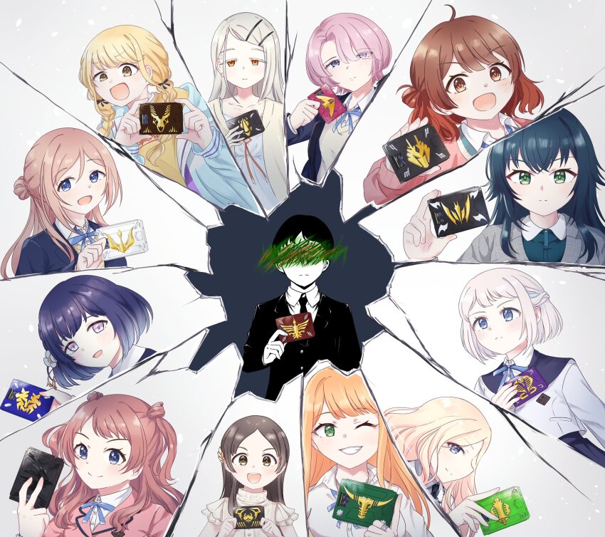 advent_deck, ahoge, bainu, black_ribbon, blonde_hair, blue_hair, blue_ribbon, broken_glass, brown_eyes, brown_hair, character_request, commentary_request, gakuen_idolmaster, glass, green_eyes, hair_ribbon, highres, holding, idolmaster, kamen_rider, kamen_rider_ryuki_(series), multiple_girls, orange_eyes, pink_hair, purple_eyes, ribbon, shattered, white_hair, yellow_eyes