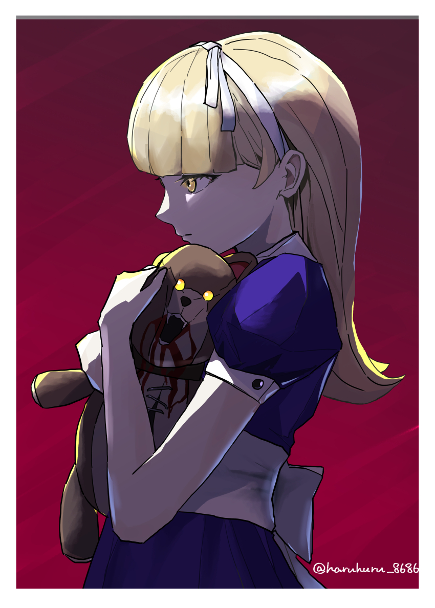 1girl, absurdres, alice_(megami_tensei), artist_name, blonde_hair, blood, blunt_bangs, border, bugs_(megami_tensei), closed_mouth, commentary_request, demon_(megami_tensei), from_side, hairband, haruhuru_8686, highres, hug, long_hair, shin_megami_tensei, standing, stuffed_animal, stuffed_toy, teddy_bear, twitter_username, white_border, white_hairband, yellow_eyes