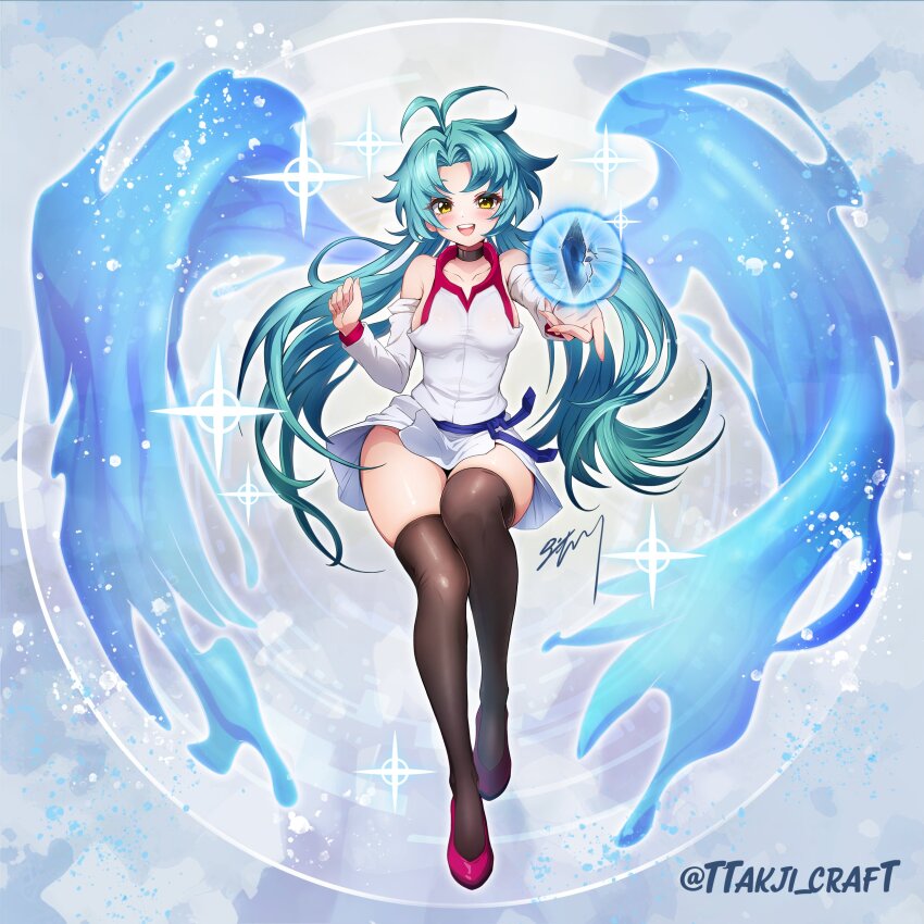 1girl, absurdres, antenna_hair, black_thighhighs, blue_hair, breasts, card, detached_sleeves