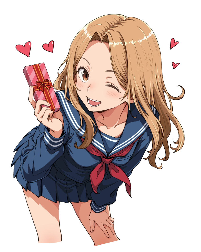 1girl, ;d, bent_over, blue_sailor_collar, blue_serafuku, blue_shirt, blue_skirt, box, brown_eyes, brown_hair, collarbone, gift, gift_box, hand_on_own_knee, head_tilt, heart, highres, holding, kuny, long_hair, long_sleeves, looking_at_viewer, miniskirt, neckerchief, one_eye_closed, open_mouth, original, pleated_skirt, red_neckerchief, sailor_collar, sailor_shirt, school_uniform, serafuku, shirt, simple_background, skirt, smile, solo, standing, straight_hair, valentine, white_background