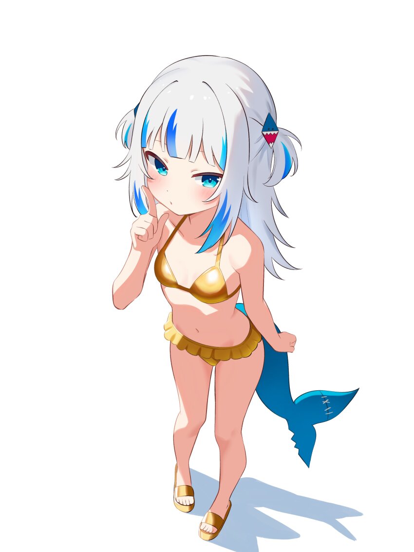 1girl, absurdres, bikini, blue_eyes, blue_hair, breasts, closed_mouth, fins