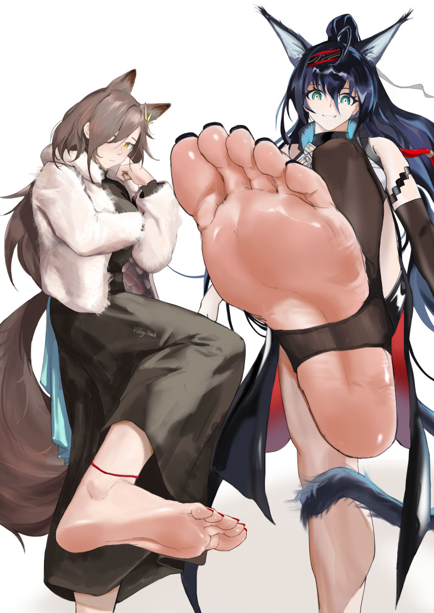 2girls, absurdres, animal_ears, arknights, barefoot, black_hair, blaze_(arknights), blue_eyes