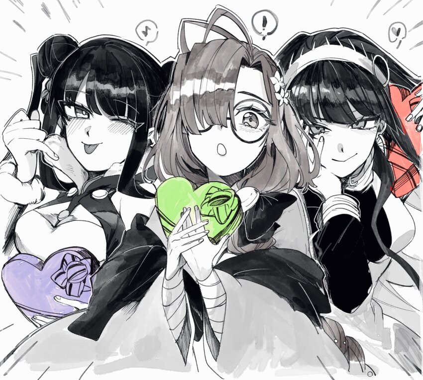 !, 3girls, ahoge, braid, candy, chocolate, chocolate_heart, cleopatra_(fate), double_bun, fate/grand_order, fate_(series), flower, food, glasses, hair_bun, hair_flower, hair_ornament, hair_over_one_eye, hairband, heart, heart-shaped_food, highres, kuriimu0203, long_hair, multiple_girls, musical_note, ono_no_komachi_(fate), smile, spoken_exclamation_mark, spoken_heart, spoken_musical_note, spot_color, tongue, tongue_out, twintails, wide_sleeves, yang_guifei_(fate)