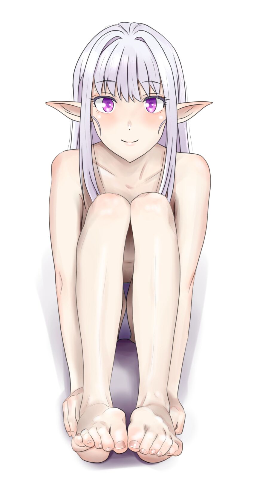 1girl, absurdres, bare_legs, barefoot, closed_mouth, collarbone, convenient_leg, elf