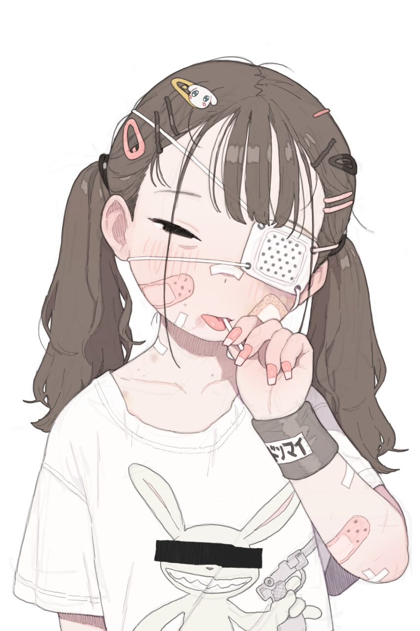 1girl, absurdres, bandaid, bandaid_on_arm, bandaid_on_cheek, bandaid_on_face, black_eyes, blush