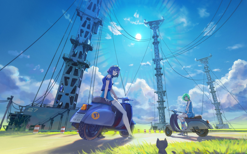 2girls, arm_support, arsenixc, bare_shoulders, bob_cut, cable, cat, cloud, crossover, eureka_(eureka_seven), eureka_seven, eureka_seven_(series), fisheye, from_below, goggles, goggles_on_head, grass, green_hair, highres, isle_of_winds, light_rays, motor_vehicle, multiple_girls, off_shoulder, purple_eyes, purple_hair, road, sandals, scenery, scooter, shadow, short_hair, sky, structure, sun, sunbeam, sunlight, vehicle, vespa, white_legwear, yumi_(isle_of_winds)