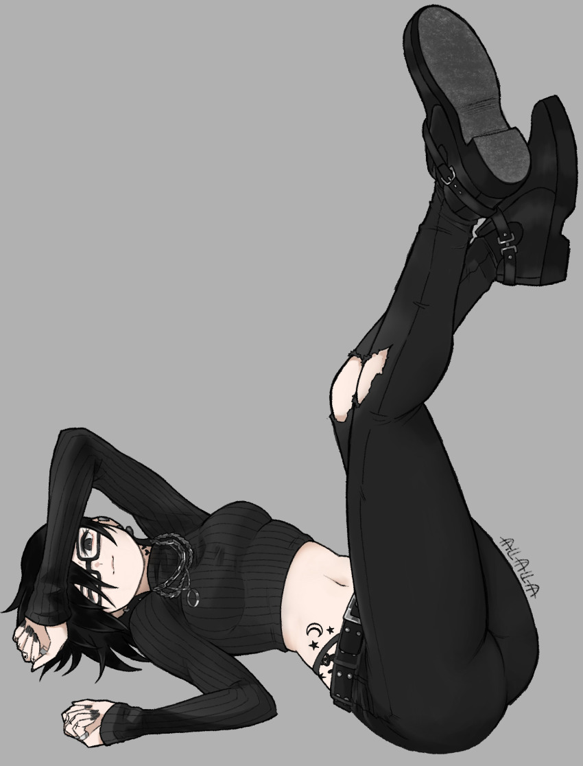 1girl, belt, black-framed_eyewear, black_belt, black_eyes, black_hair, black_nails, black_pants, black_shoes, black_sweater, closed_mouth, crescent, eyelashes, glasses, goth_fashion, grey_background, highres, hip_tattoo, jewelry, judy_(sushi_pizza_rrr), legs_up, long_sleeves, lying, medium_hair, midriff, nail_polish, navel, necklace, on_back, original, pants, shoes, simple_background, smile, solo, star_(symbol), sushi_pizza_rrr, sweater, tattoo, torn_clothes, torn_pants