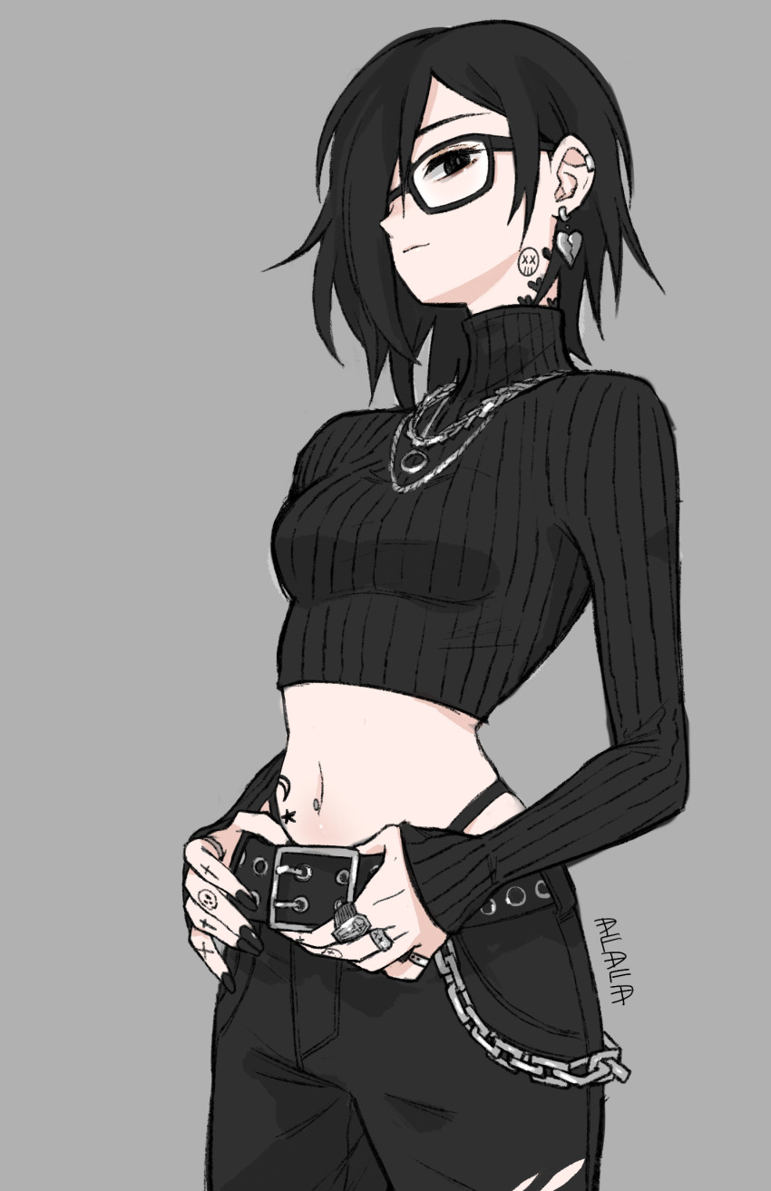 1girl, belt, black_belt, black_eyes, black_hair, black_nails, black_pants, black_sweater, chain, closed_mouth, commentary_request, ear_piercing, earrings, eyelashes, finger_tattoo, goth_fashion, grey_background, hair_over_one_eye, hand_on_belt, heart, heart_earrings, highres, hip_tattoo, jewelry, judy_(sushi_pizza_rrr), long_sleeves, medium_hair, midriff, nail_polish, navel, neck_tattoo, original, pale_skin, pants, partial_commentary, piercing, ring, simple_background, solo, standing, sushi_pizza_rrr, sweater, tattoo, torn_clothes, torn_pants, turtleneck, turtleneck_sweater
