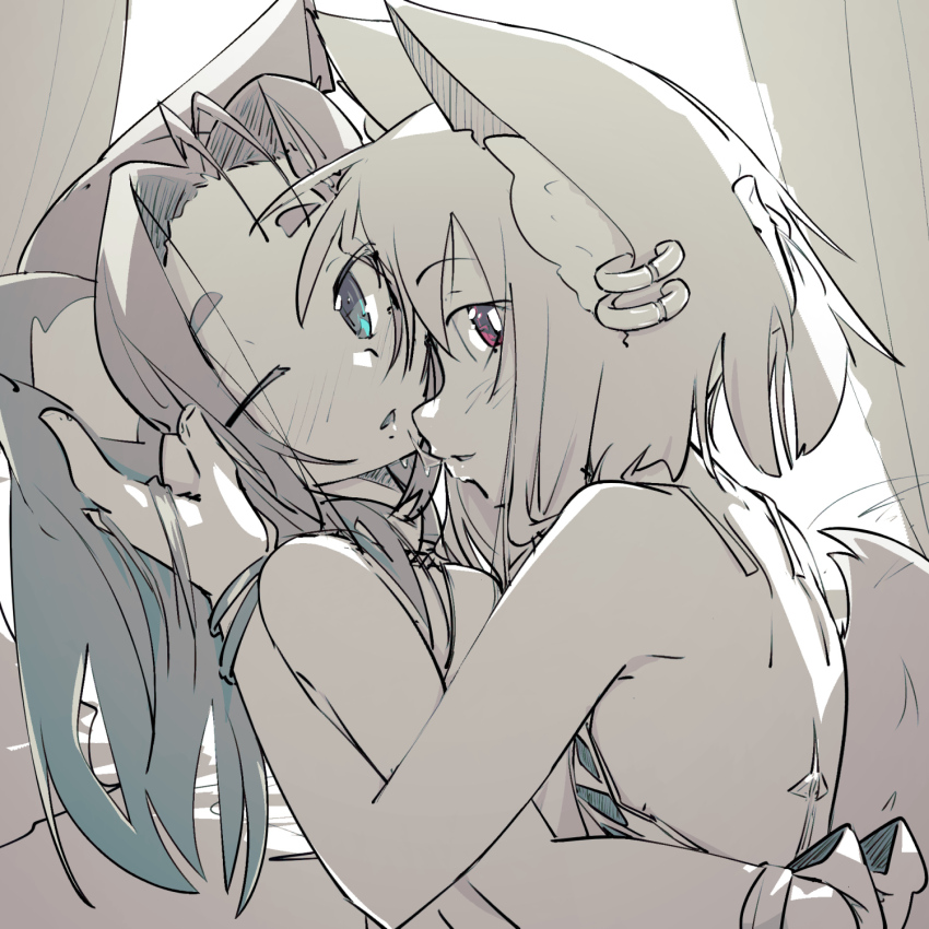 2girls, after_kiss, animal_ear_fluff, animal_ear_piercing, animal_ears, antenna_hair, aqua_eyes, bare_back