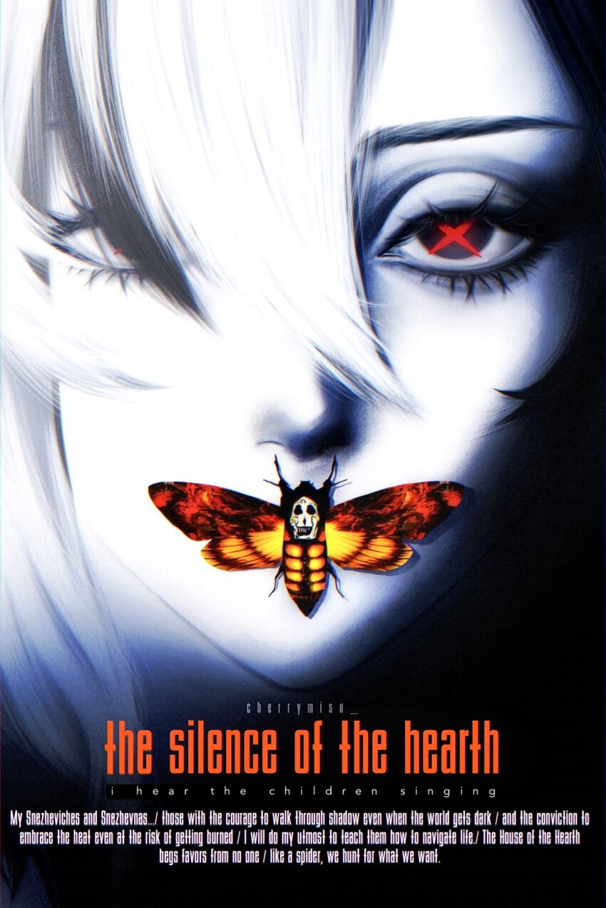 1girl, arlecchino_(genshin_impact), black_eyes, bug, cherrymisu, english_text, genshin_impact, hair_over_one_eye, highres, insect, insect_on_face, looking_at_viewer, moth, movie_poster_(medium), poster_parody, red_pupils, solo, symbol-shaped_pupils, the_silence_of_the_lambs, x-shaped_pupils