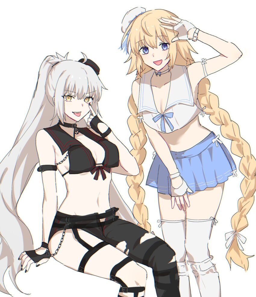 2girls, ahoge, asymmetrical_clothes, black_choker, black_gloves, black_hat, black_pants, black_shirt, blonde_hair, blue_eyes, blue_skirt, braid, breasts, chain, choker, cleavage, collarbone, collared_shirt, fate/grand_order, fate_(series), fingerless_gloves, gloves, grey_hair, hat, highres, invisible_chair, jeanne_d'arc_(fate), jeanne_d'arc_(mystery_treasure)_(fate), jeanne_d'arc_alter_(fate), jeanne_d'arc_alter_(mystery_treasure)_(fate), jeanne_d'arc_alter_(swimsuit_berserker)_(fate), long_hair, looking_at_viewer, midriff, mini_hat, multiple_girls, navel, nekwnek, official_alternate_costume, official_alternate_hairstyle, open_mouth, pale_skin, pants, pleated_skirt, ponytail, shirt, simple_background, single_pantsleg, sitting, skirt, sleeveless, sleeveless_shirt, smile, stomach, thighhighs, tongue, tongue_out, twin_braids, very_long_hair, white_background, white_choker, white_gloves, white_hat, white_shirt, white_thighhighs, yellow_eyes