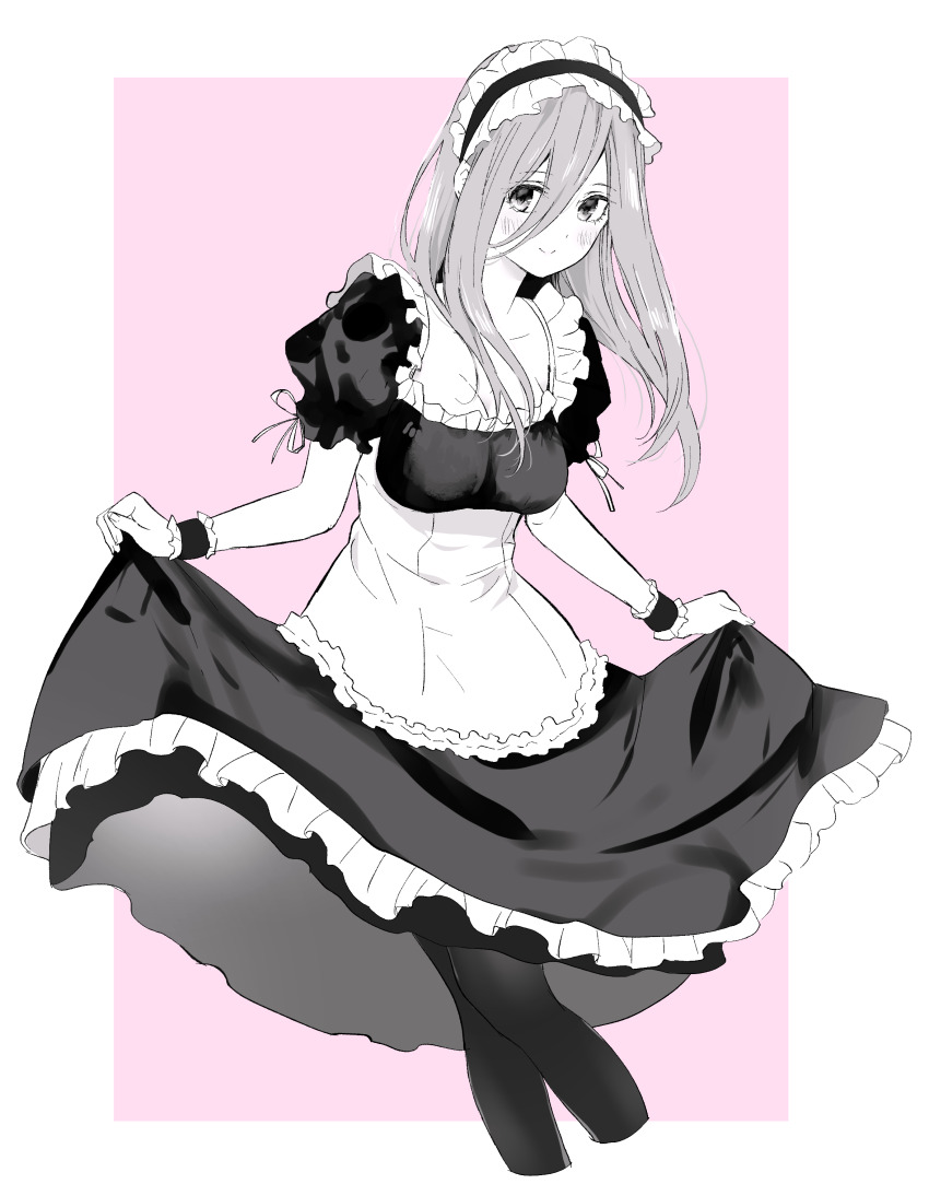 1girl, absurdres, alternate_costume, apron, blush, border, breasts, cleavage