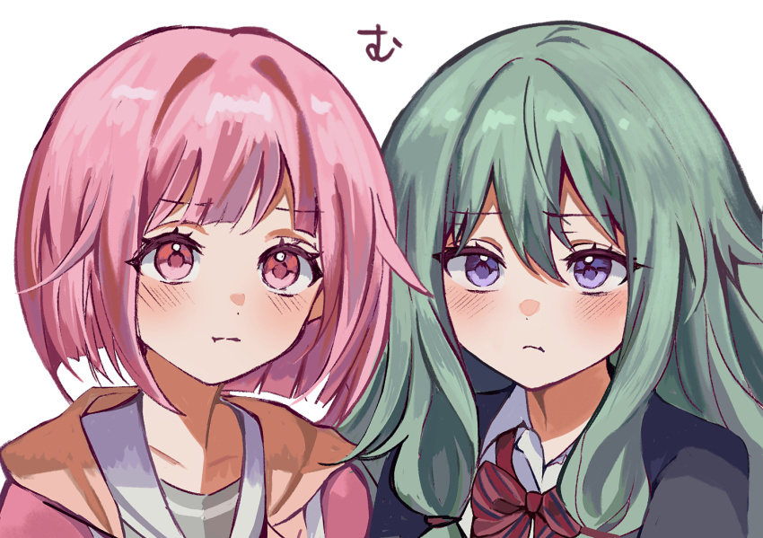 2girls, closed_mouth, green_hair, jakko_chan, kusanagi_nene, long_hair, long_sleeves, looking_at_viewer