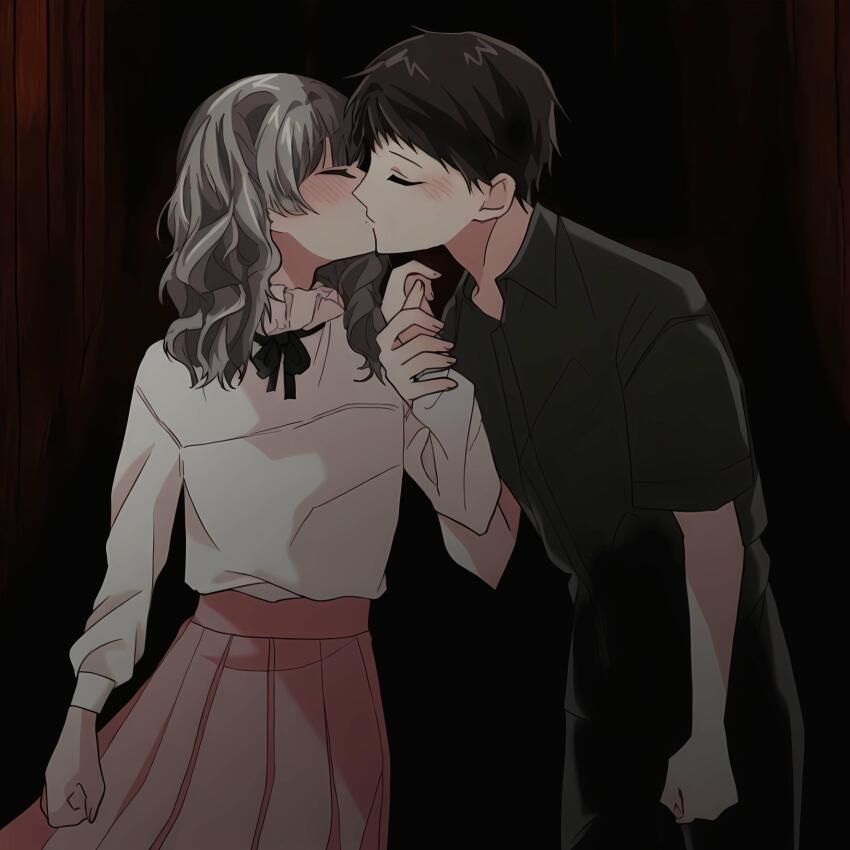 1boy, 1girl, black_hair, black_ribbon, blush, brown_hair, closed_eyes, commentary