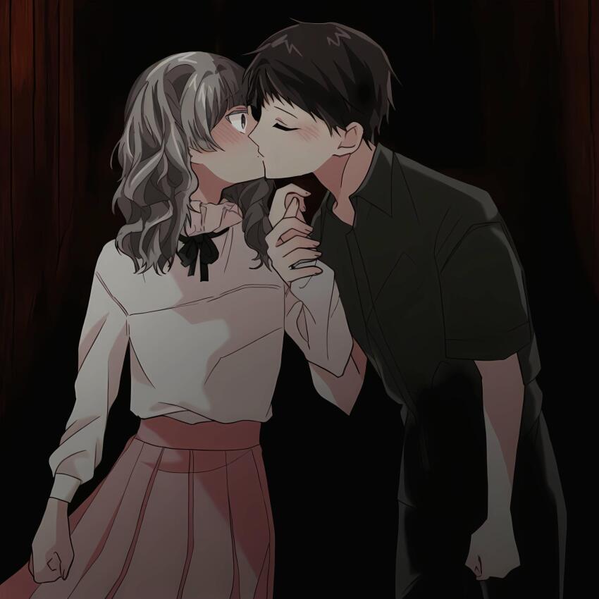 1boy, 1girl, black_hair, black_ribbon, blush, brown_eyes, brown_hair, closed_eyes