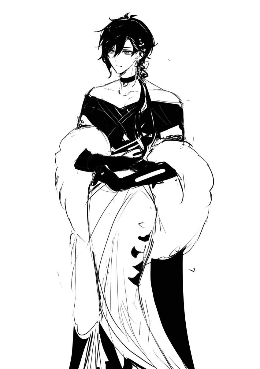 1boy, alternate_costume, bare_shoulders, crossdressing, crossdressing_(mtf), dress, fur_boa, fur_trim