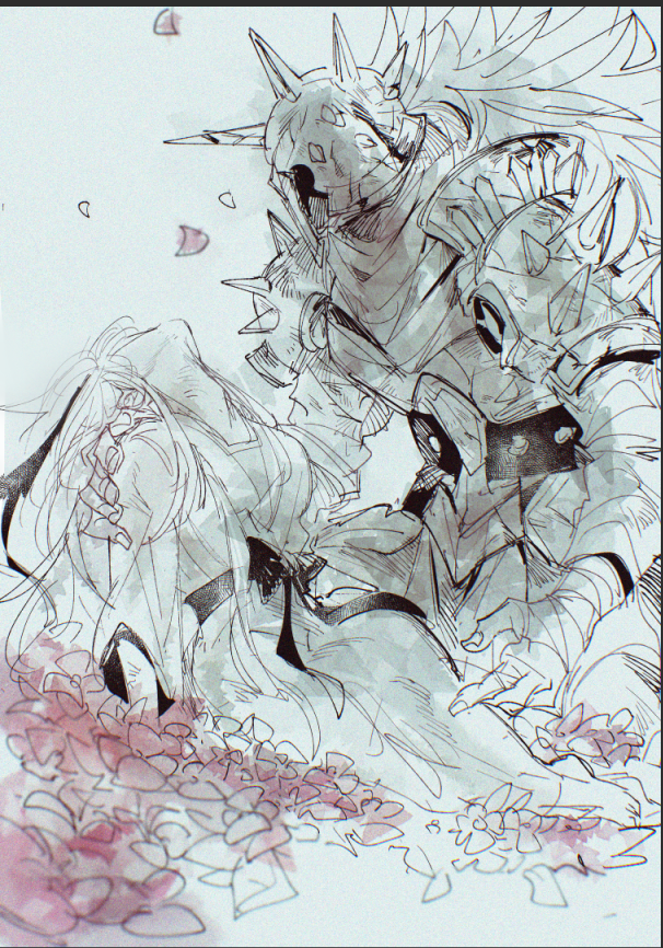 1boy, 1girl, armor, dress, ender_lilies_quietus_of_the_knights, flower, fretia_(ender_lilies), knight