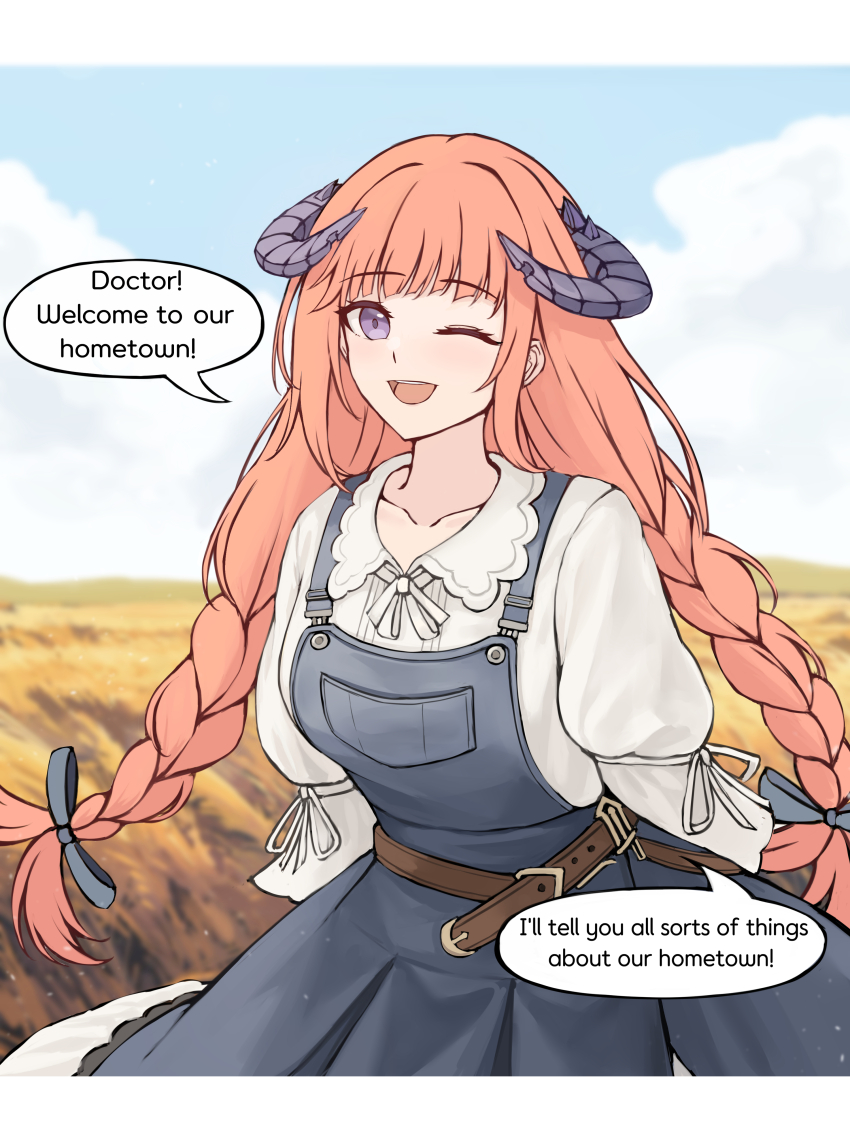 1girl, ;d, absurdres, arknights, arms_behind_back, bagpipe_(arknights), bagpipe_(echo_of_bagpipes)_(arknights), belt