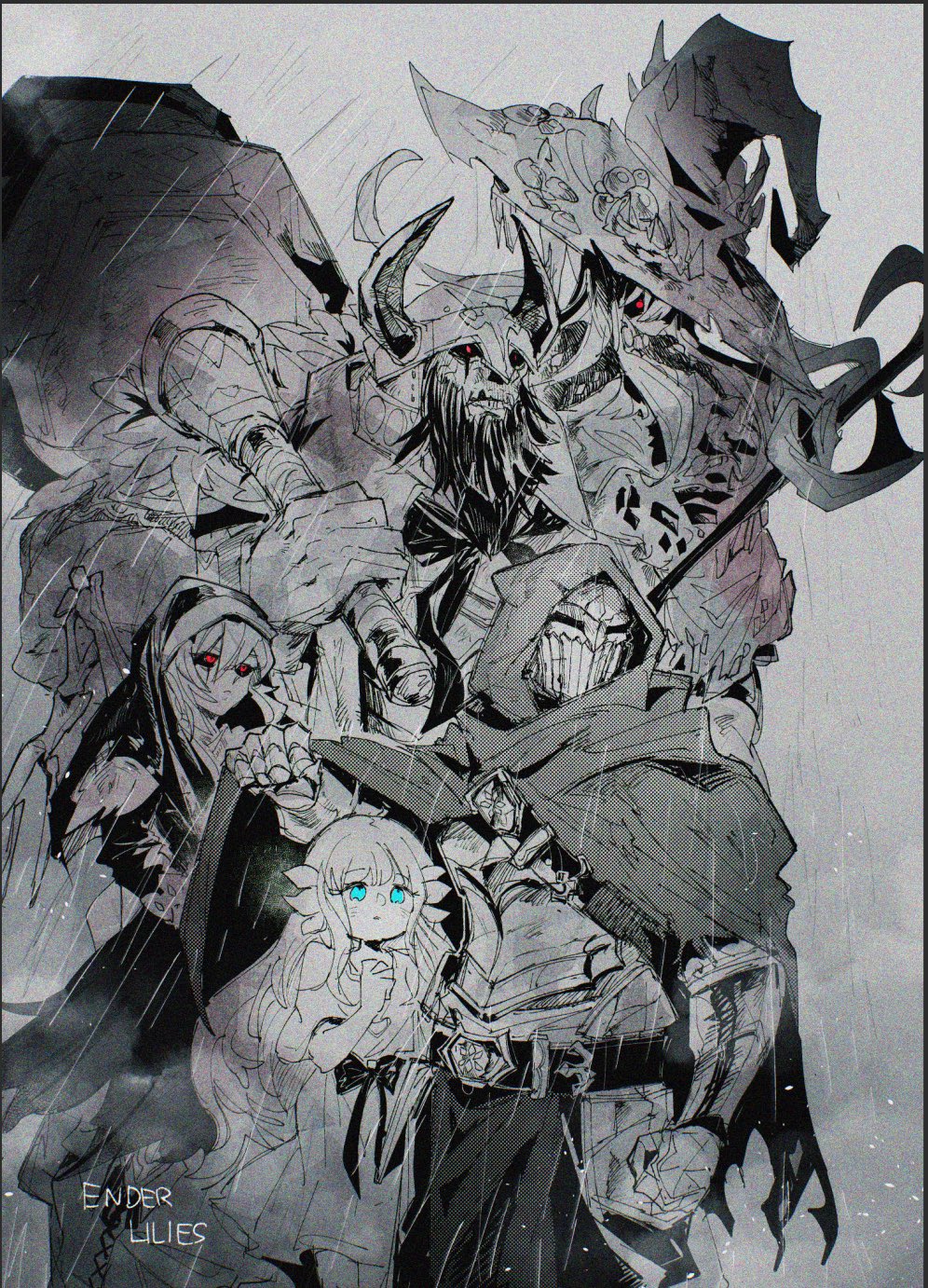 2boys, 3girls, beard, blue_eyes, cloak, dark_witch_eleine, dress, ender_lilies_quietus_of_the_knights