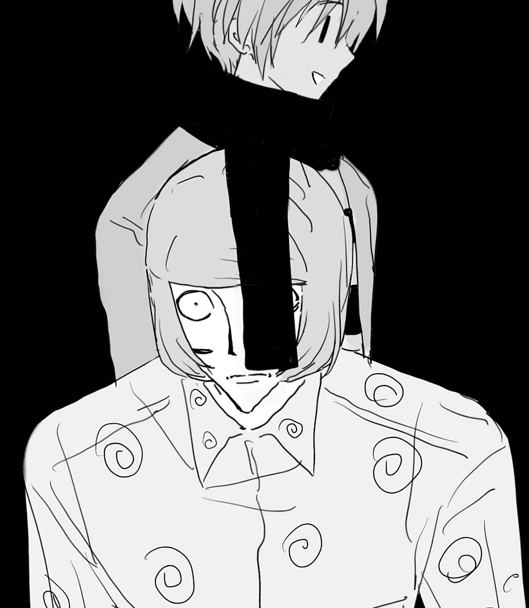 2boys, black_background, coat, greyscale, highres, hitchhiker_b_(randal's_friends), luther_von_ivory, male_focus