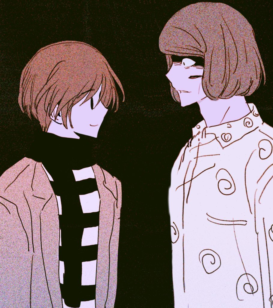 2boys, black_background, black_eyes, black_scarf, brown_coat, brown_hair, coat, hitchhiker_b_(randal's_friends)
