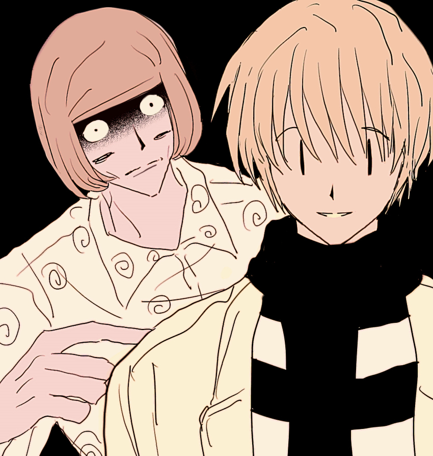 2boys, black_background, black_eyes, black_scarf, blonde_hair, brown_hair, coat, highres