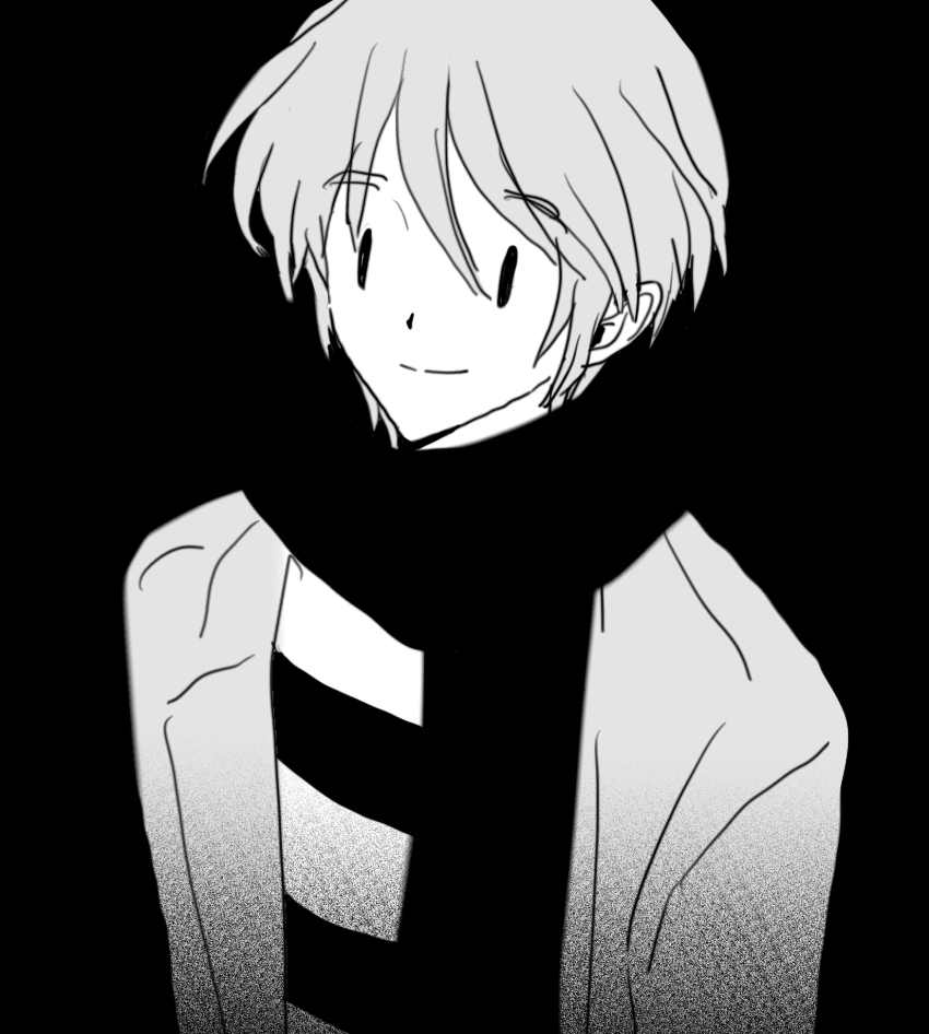 1boy, black_background, coat, greyscale, highres, hitchhiker_b_(randal's_friends), male_focus, monochrome