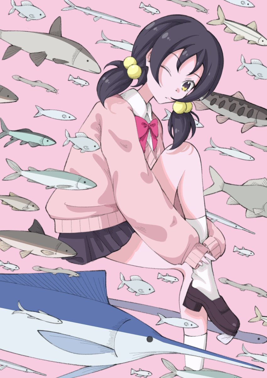 1girl, asajihanasaki, black_hair, blonde_hair, bow, bowtie, cardigan, collared_shirt