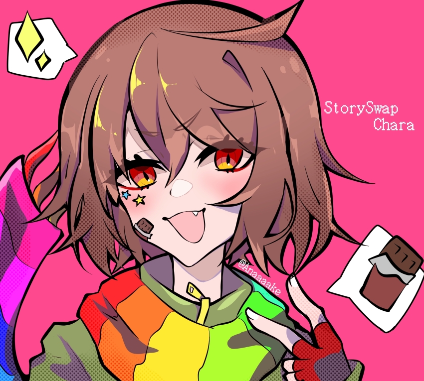 1girl, brown_hair, chara_(undertale), ekana, fingerless_gloves, gloves, highres, rainbow_scarf, red_eyes, scarf, short_hair, sticker, storyswap, undertale, utdr_(toby_fox)