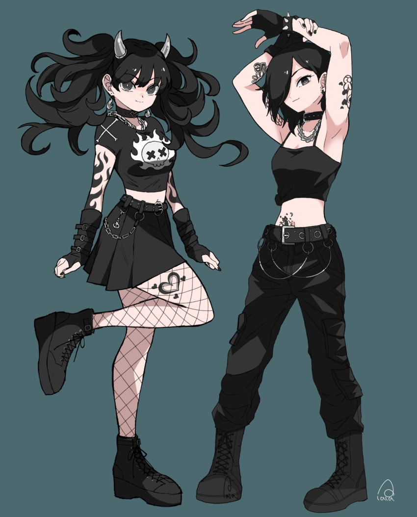 2girls, arm_tattoo, armpits, arms_up, belt, black_belt, black_boots, black_choker
