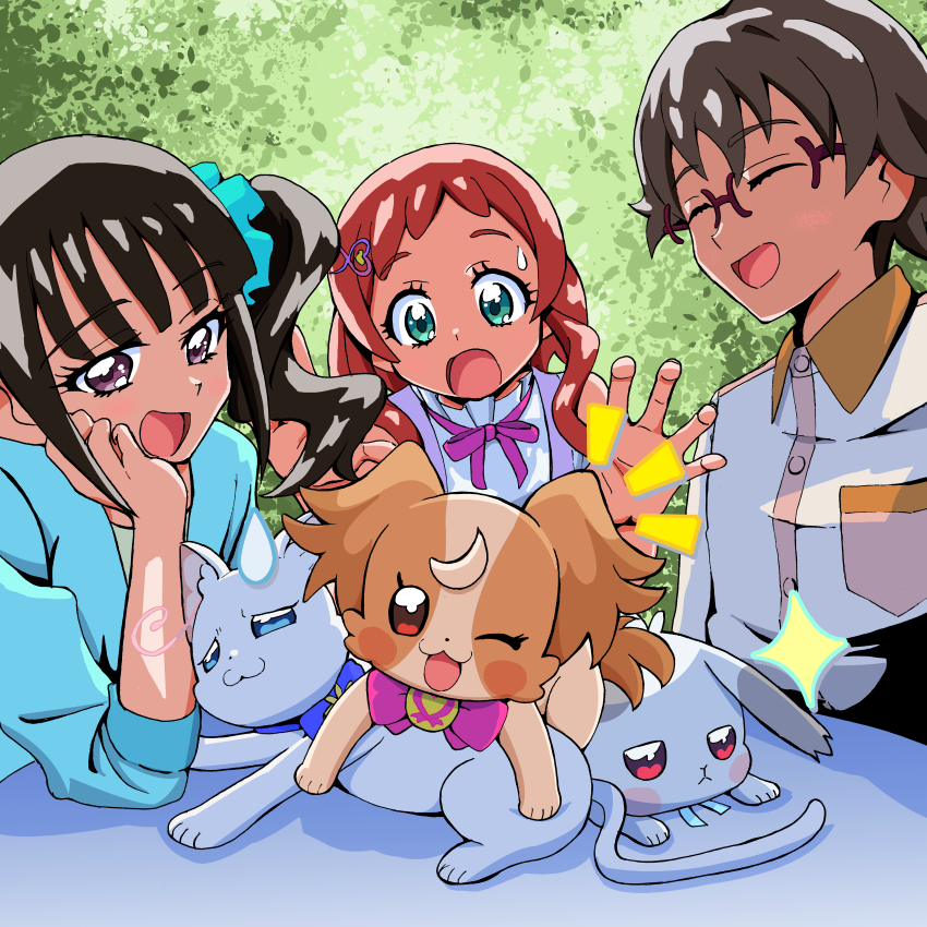 2boys, 4girls, :3, absurdres, aqua_jacket, aqua_scrunchie, blue_bow, blue_bowtie