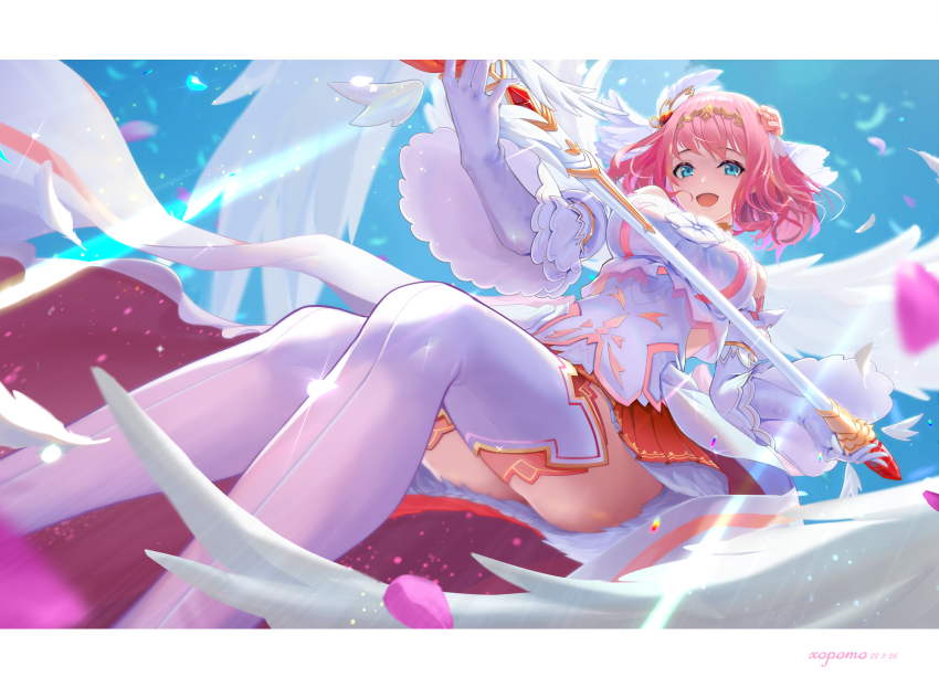 1girl, absurdres, blue_eyes, blue_sky, boots, breasts, elbow_gloves, feathered_wings, gloves, highres, holding, holding_staff, khorosho, large_breasts, medium_hair, miniskirt, petals, pink_hair, princess_connect!, rose_petals, skirt, sky, staff, thigh_boots, white_boots, wings, yui_(princess)_(princess_connect!), yui_(princess_connect!)