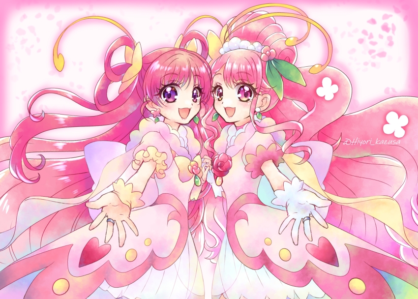 2girls, :d, absurdres, back_bow, blush, bow, coat, commentary_request, cowboy_shot, cure_dream, cure_grace, dream_cure_grace, dress, earrings, flower, frills, gloves, hair_bun, hair_flower, hair_ornament, hair_rings, hanadera_nodoka, healin'_good_precure, healin'_good_precure:_yume_no_machi_de_kyun!_tto_gogo!_daihenshin!!, heart, highres, holding_hands, huge_bow, in-franchise_crossover, jewelry, kazusa_hiyori, long_hair, looking_at_viewer, magical_girl, multicolored_bow, multiple_girls, open_mouth, outstretched_hand, partial_commentary, pink_coat, pink_eyes, pink_flower, pink_hair, pink_rose, pink_theme, precure, puffy_sleeves, purple_eyes, revision, ring, rose, single_hair_bun, smile, standing, symmetrical_pose, symmetry, twitter_username, white_dress, white_gloves, yes!_precure_5, yes!_precure_5_gogo!, yumehara_nozomi