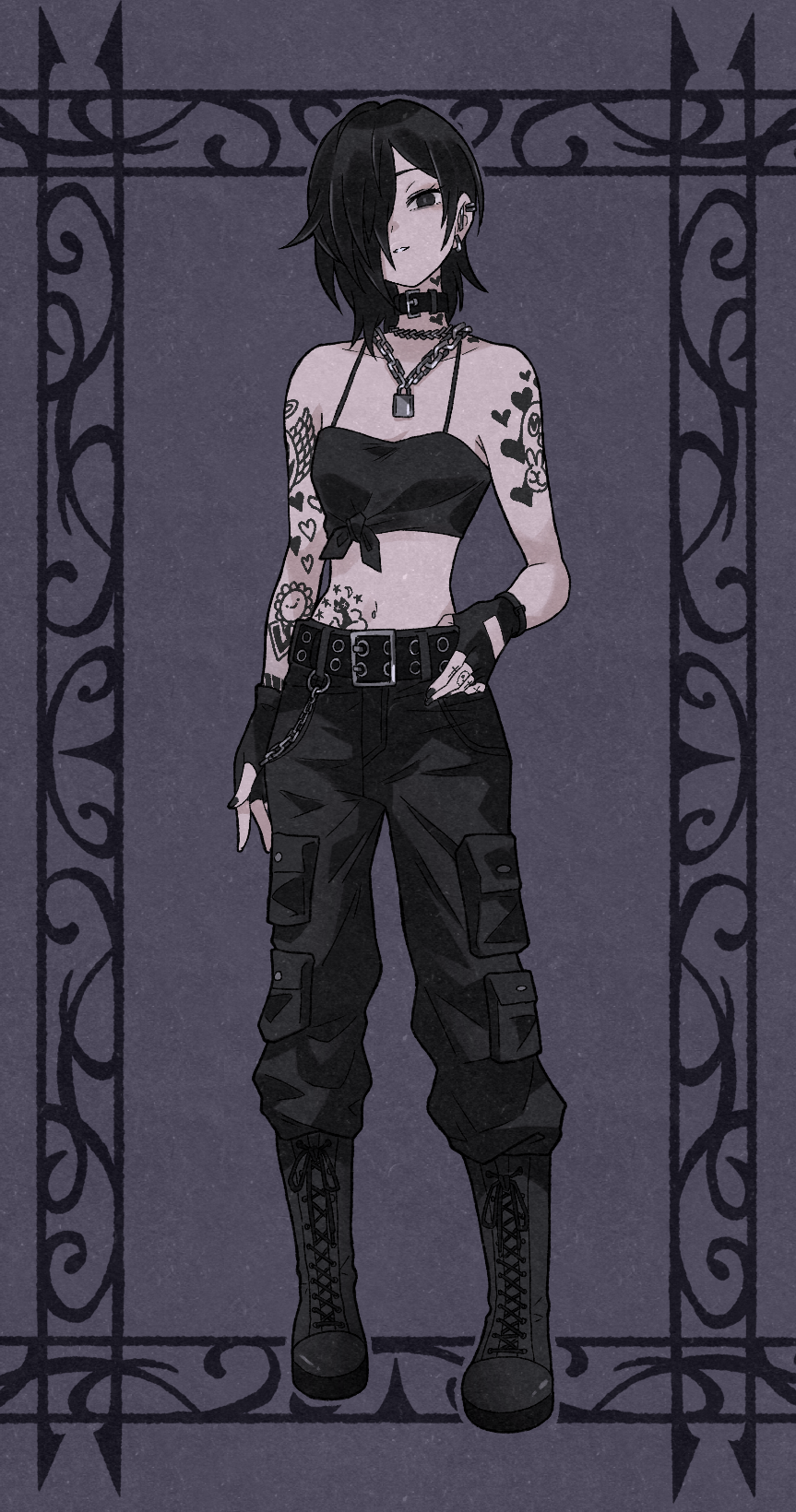1girl, arm_tattoo, bare_shoulders, belt, black_belt, black_boots, black_choker, black_eyes