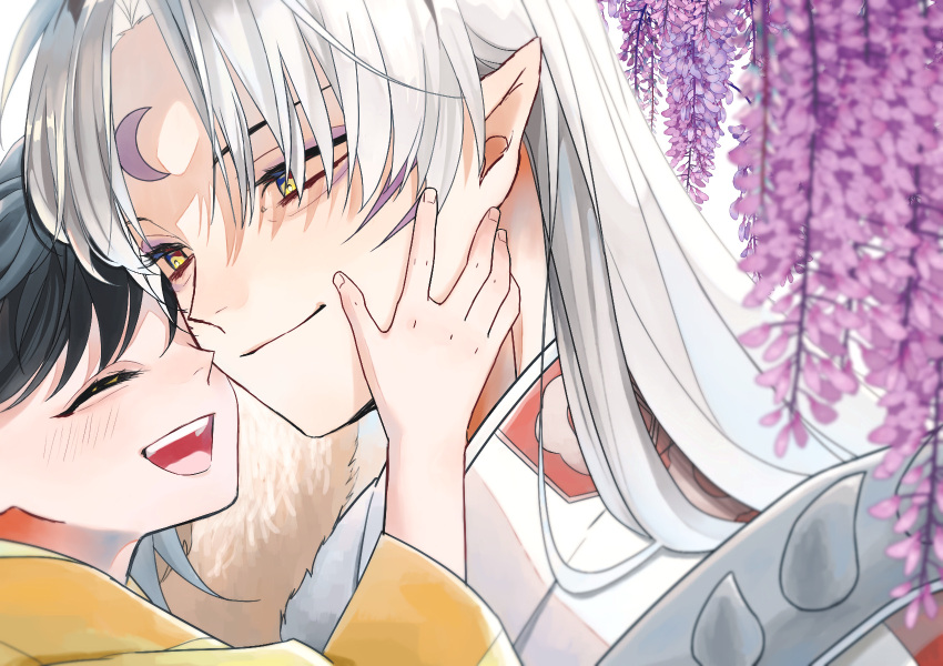 1boy, 1girl, black_hair, closed_eyes, flower, highres, hug, inuyasha, light_smile, long_hair, pointy_ears, rin_(inuyasha), sesshoumaru, simple_background, teeth, tori_dera, upper_teeth_only, white_background, white_hair, yellow_eyes