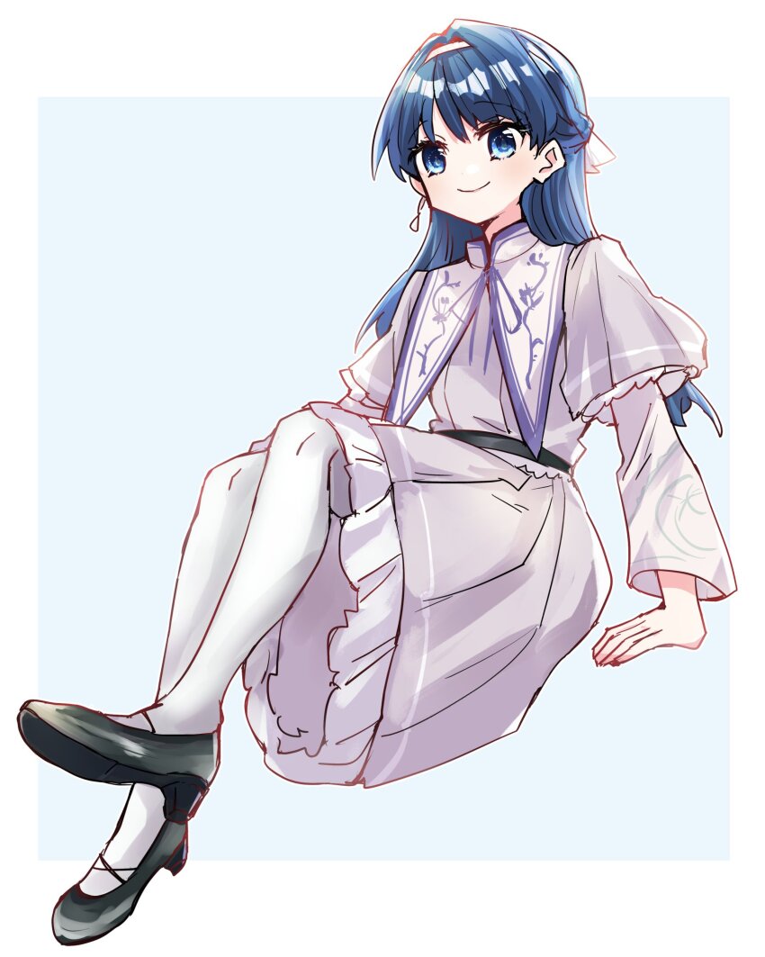 1girl, ao_to_shabon, black_shoes, blue_background, blue_eyes, blue_hair, blush, border