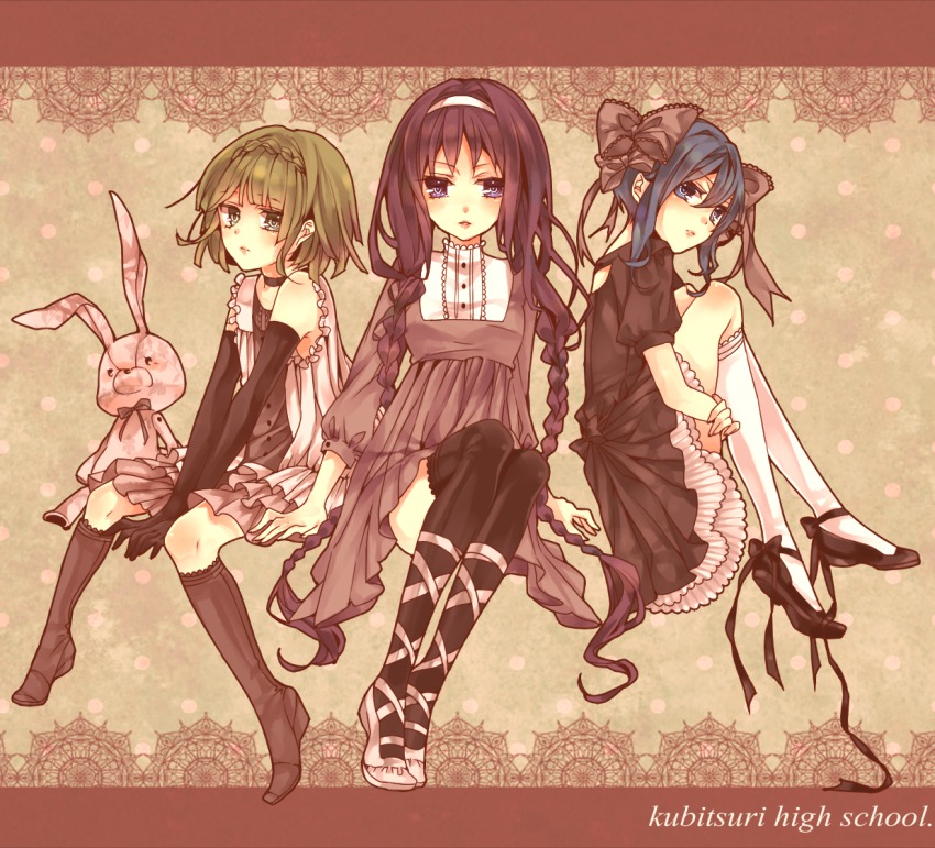 3girls, alternate_costume, bad_id, bad_pixiv_id, black_hair, blue_eyes, blue_hair, braid