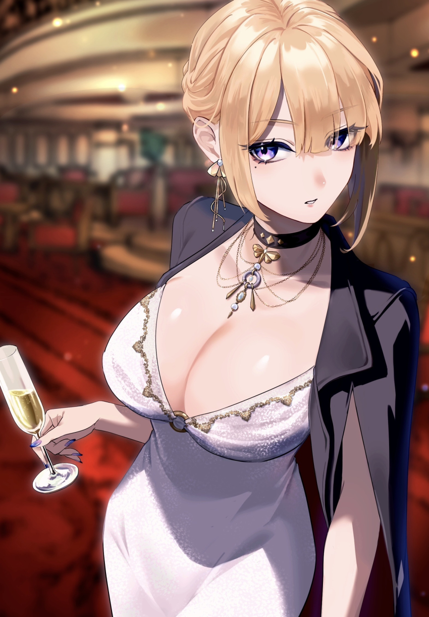 1girl, alcohol, alternate_costume, black_choker, black_jacket, blonde_hair, blurry, blurry_background, breasts, choker, cleavage, commentary_request, cup, dress, earrings, evelyn_chevalier, highres, holding, holding_cup, indoors, jacket, jewelry, large_breasts, mal_to_mal, parted_lips, purple_eyes, purple_nails, short_hair, solo, white_dress, zenless_zone_zero