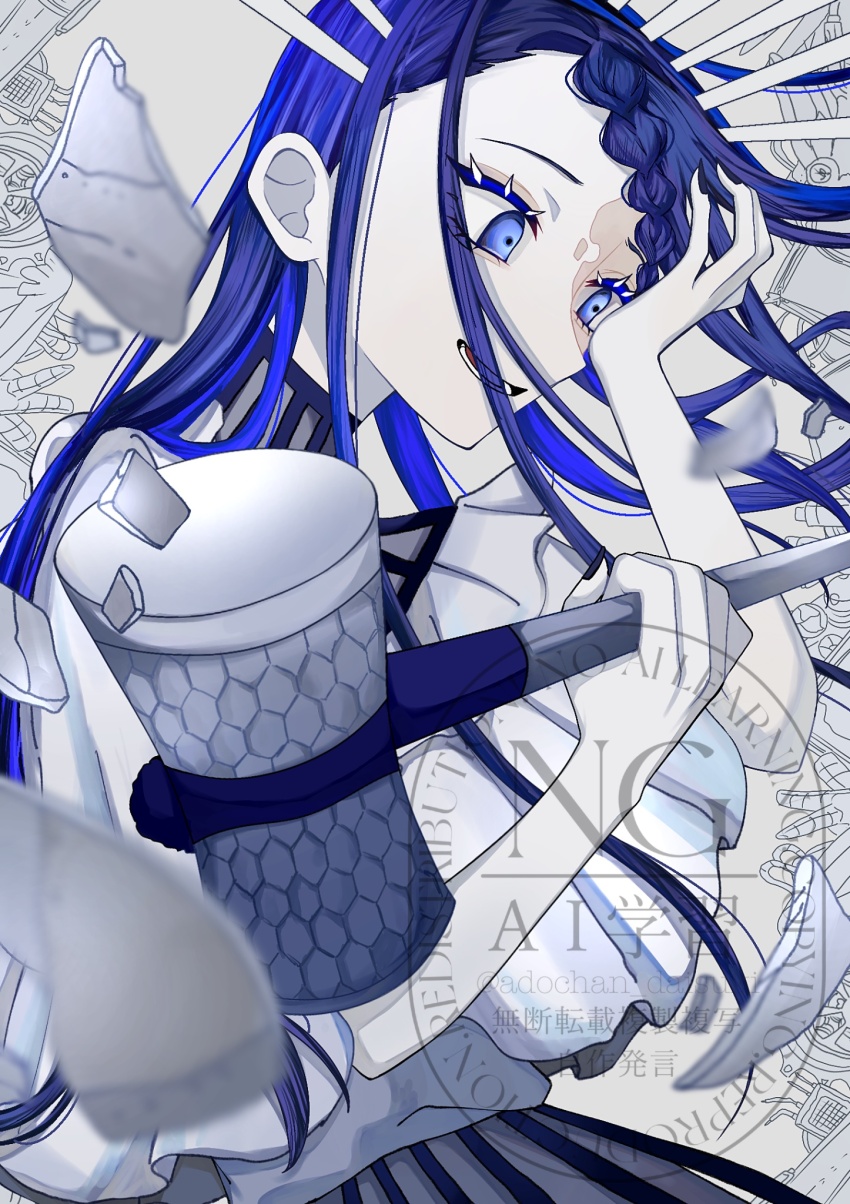 1girl, ado_(utaite), blue_eyes, blue_hair, braid, braided_bangs, commentary_request, crown