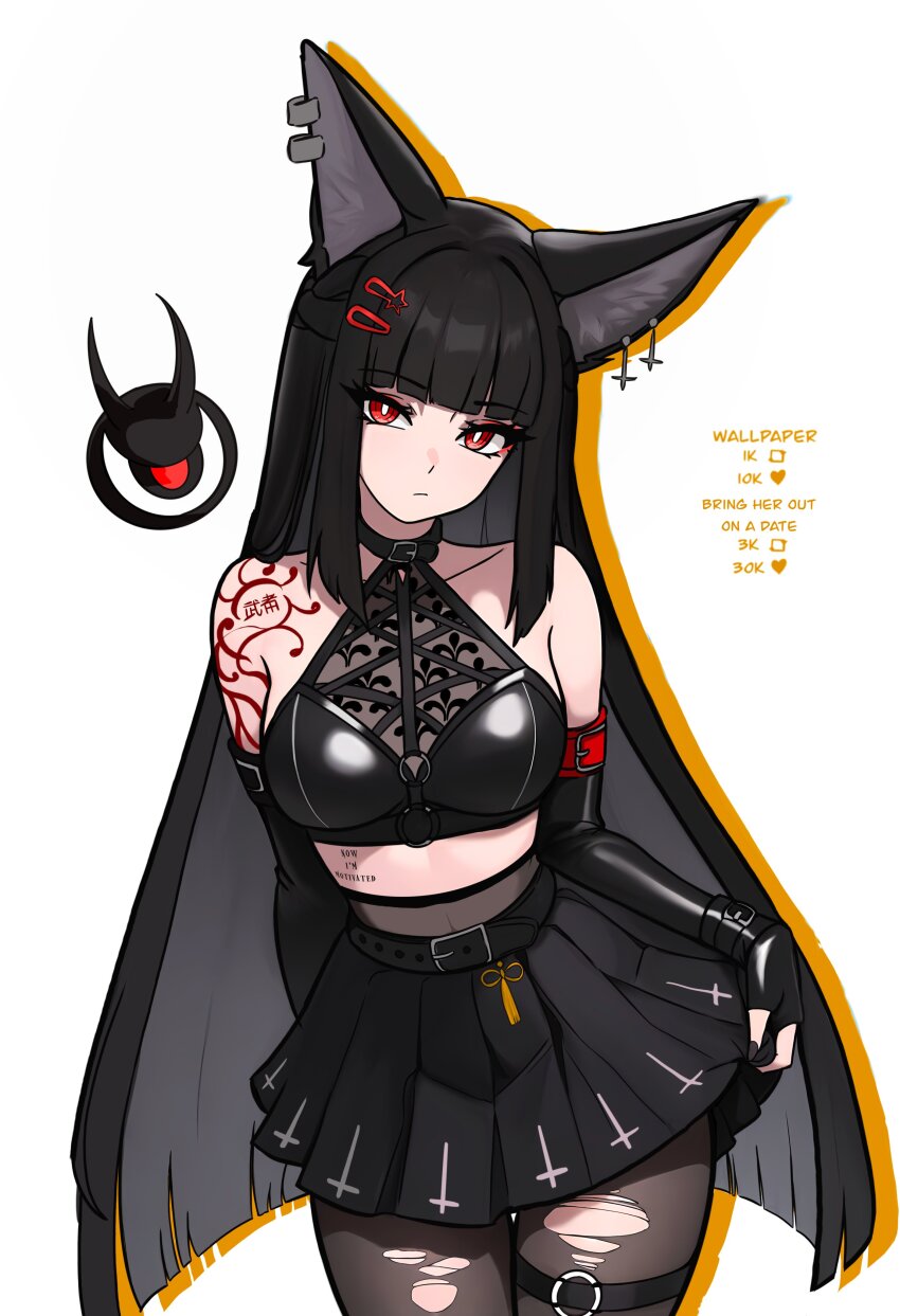 1girl, :/, absurdres, alternate_costume, animal_ear_fluff, animal_ears, bare_shoulders, belt, belt_collar, black_choker, black_gloves, black_nails, black_skirt, blunt_bangs, bright_pupils, choker, collar, commentary, cowboy_shot, cross, cross_earrings, earclip, elbow_gloves, english_commentary, fingerless_gloves, fox_ears, fox_girl, gloves, goth_fashion, hair_ornament, hairclip, highres, hoshimi_miyabi, inverted_cross, inverted_cross_earrings, inverted_cross_print, long_hair, looking_at_viewer, nail_polish, navel, o-ring, o-ring_thigh_strap, pantyhose, pleated_skirt, red_eyes, redpostit, shoulder_tattoo, simple_background, skirt, solo, standing, tassel, tattoo, thigh_strap, torn_clothes, torn_pantyhose, very_long_hair, white_background, white_pupils, zenless_zone_zero