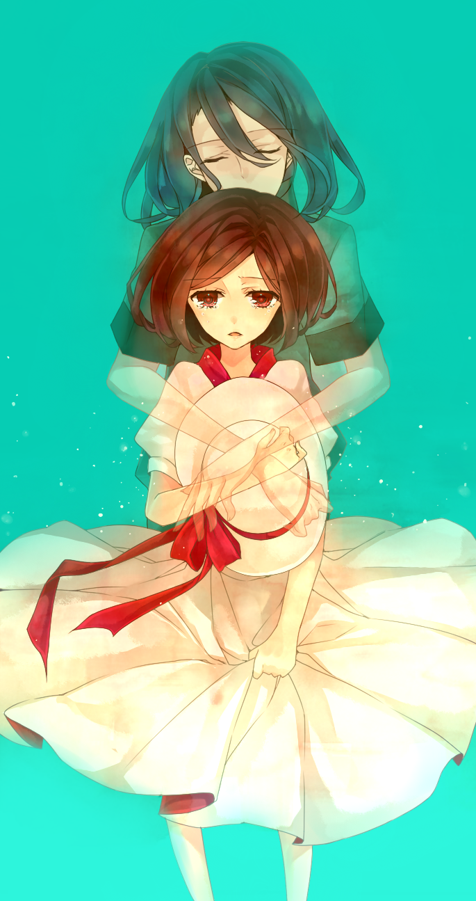 bad_id, bad_pixiv_id, black_hair, brother_and_sister, brown_hair, closed_eyes, dress, hat