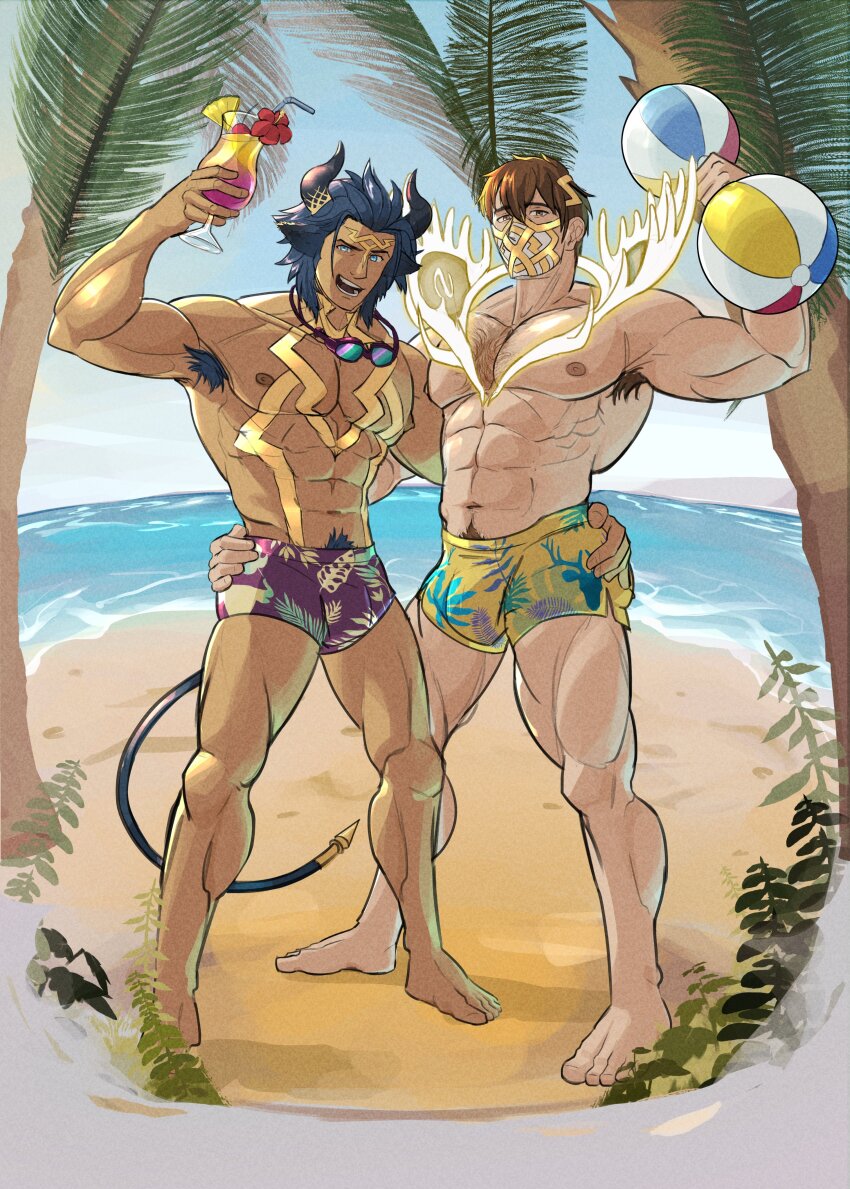 2boys, abs, absurdres, animal_ears, antlers, armpit_hair, askr_(fire_emblem), bara, barefoot, beach, blue_eyes, blue_hair, brown_eyes, brown_hair, chest_hair, commentary, commission, cow_boy, cow_ears, cow_horns, cup, dark-skinned_male, dark_skin, dumart_(dunbans), eikthyrnir_(fire_emblem), english_commentary, fire_emblem, fire_emblem_heroes, glowing_antlers, hand_on_another's_hip, highres, holding, holding_cup, horns, large_pectorals, looking_at_viewer, male_focus, male_swimwear, mask, mouth_mask, multiple_boys, muscular, muscular_male, nintendo, nipples, ocean, pectorals, print_male_swimwear, short_hair, tail, variant_set