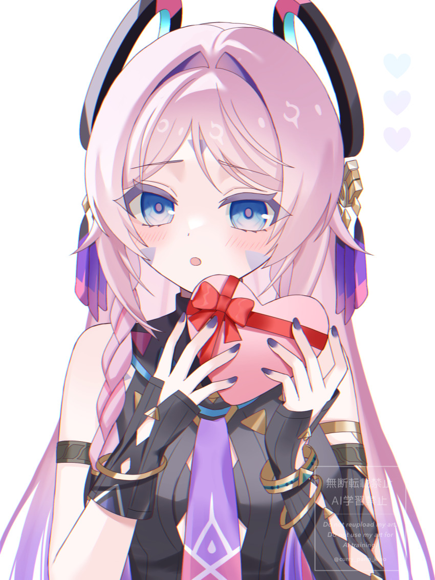 1girl, :o, asymmetrical_gloves, bare_shoulders, black_gloves, blue_eyes, blush, bow, box, citlali_(genshin_impact), commentary_request, facial_mark, fingerless_gloves, fingernails, floating_headgear, forehead_mark, genshin_impact, gift, gloves, hands_up, headgear, heart-shaped_box, highres, holding, holding_box, holding_gift, kino_(curry_pan), long_hair, looking_at_viewer, multicolored_hair, nail_polish, pink_box, pink_hair, pink_pupils, purple_hair, purple_nails, red_bow, sleeveless, solo, triangle, triangle_facial_mark, uneven_gloves, very_long_hair, white_background