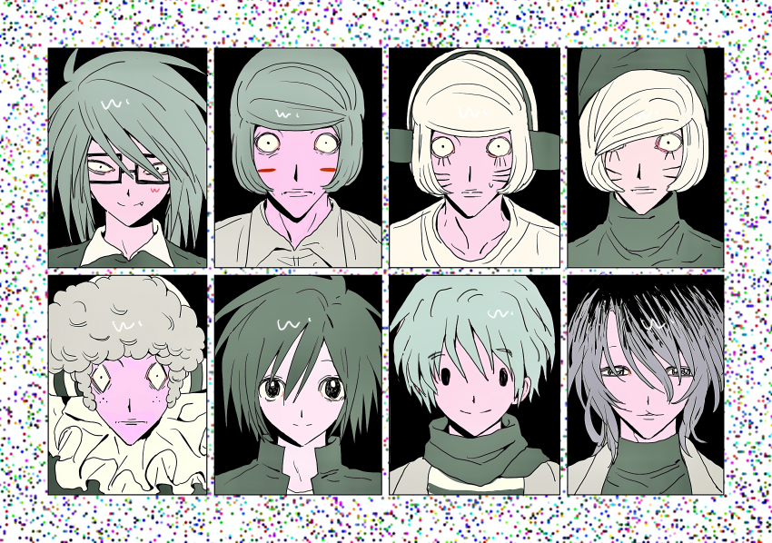 6+boys, absurdres, black_eyes, clown, fang, fang_out, glasses, green_hair