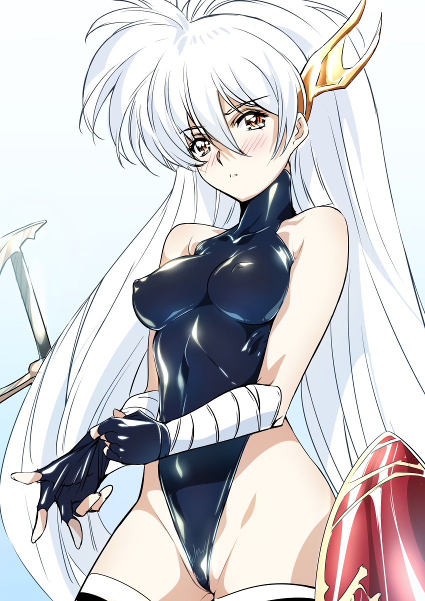 1girl, absurdres, black_leotard, blush, breasts, brown_eyes, covered_erect_nipples, fingerless_gloves, gloves, grey_hair, heattech_leotard, highleg, highleg_leotard, highres, langrisser, langrisser_iii, leotard, long_hair, looking_at_viewer, luna_(langrisser), niko_(tama), partially_visible_vulva, short_hair, solo, sword, thighhighs, turtleneck, very_long_hair, weapon